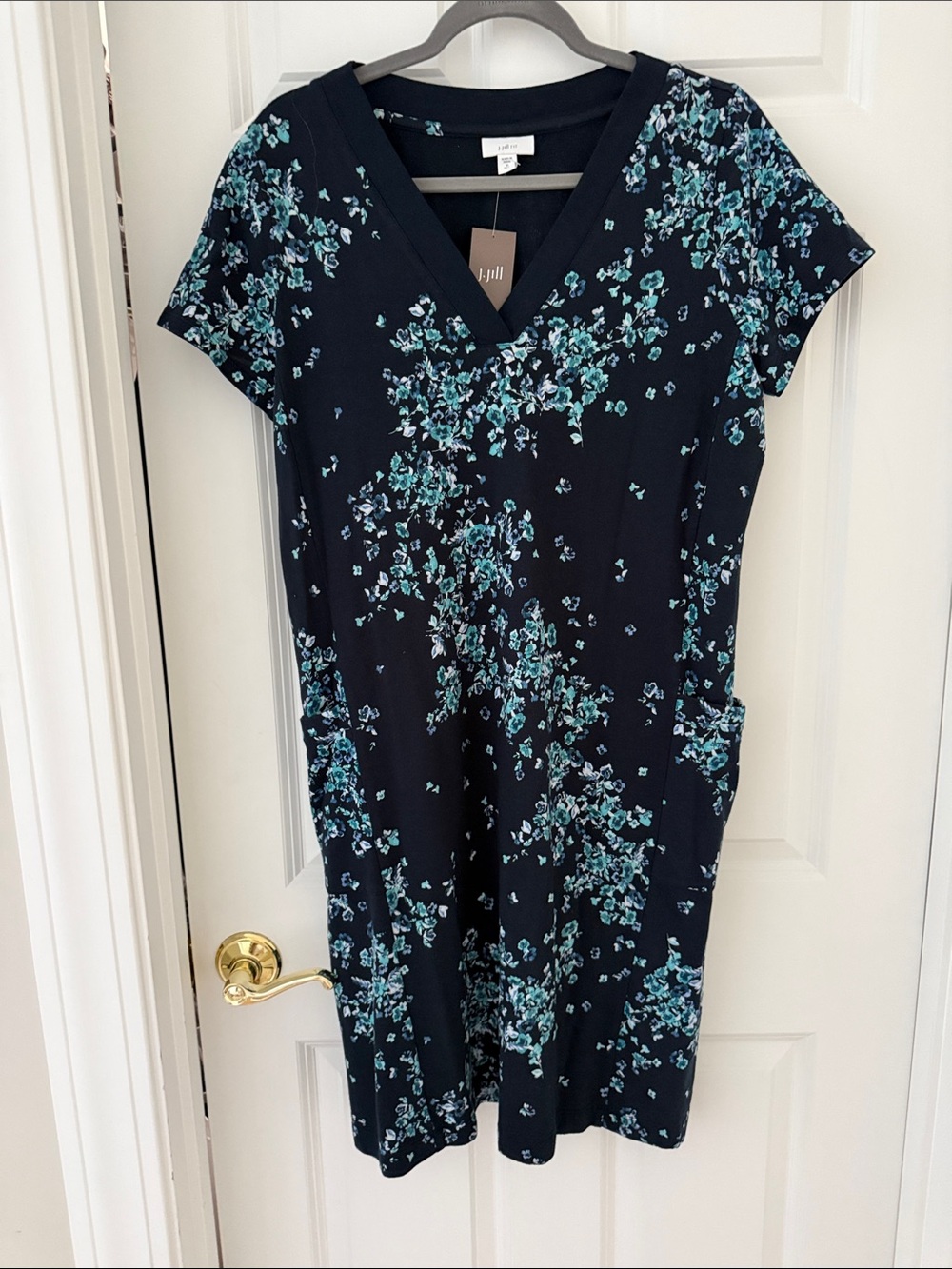 J. Jill Navy V‑Neck Dress with Teal and Aqua Floral Print